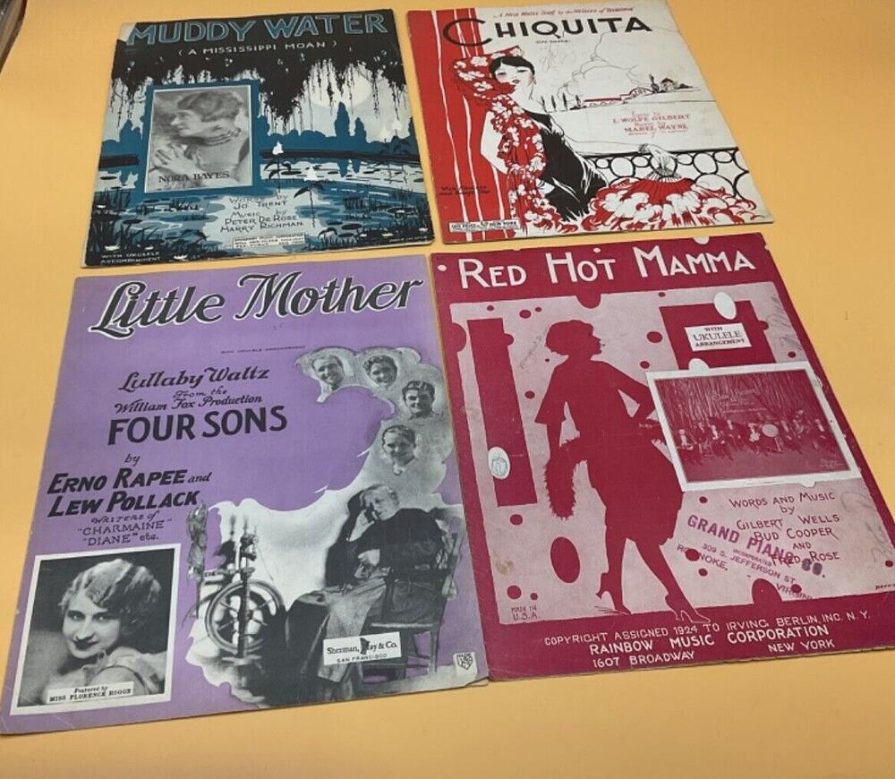 4 Vintage Sheet Music Blues, Jazz & Latin Themes, "Muddy Water," "Red Hot Mamma"
